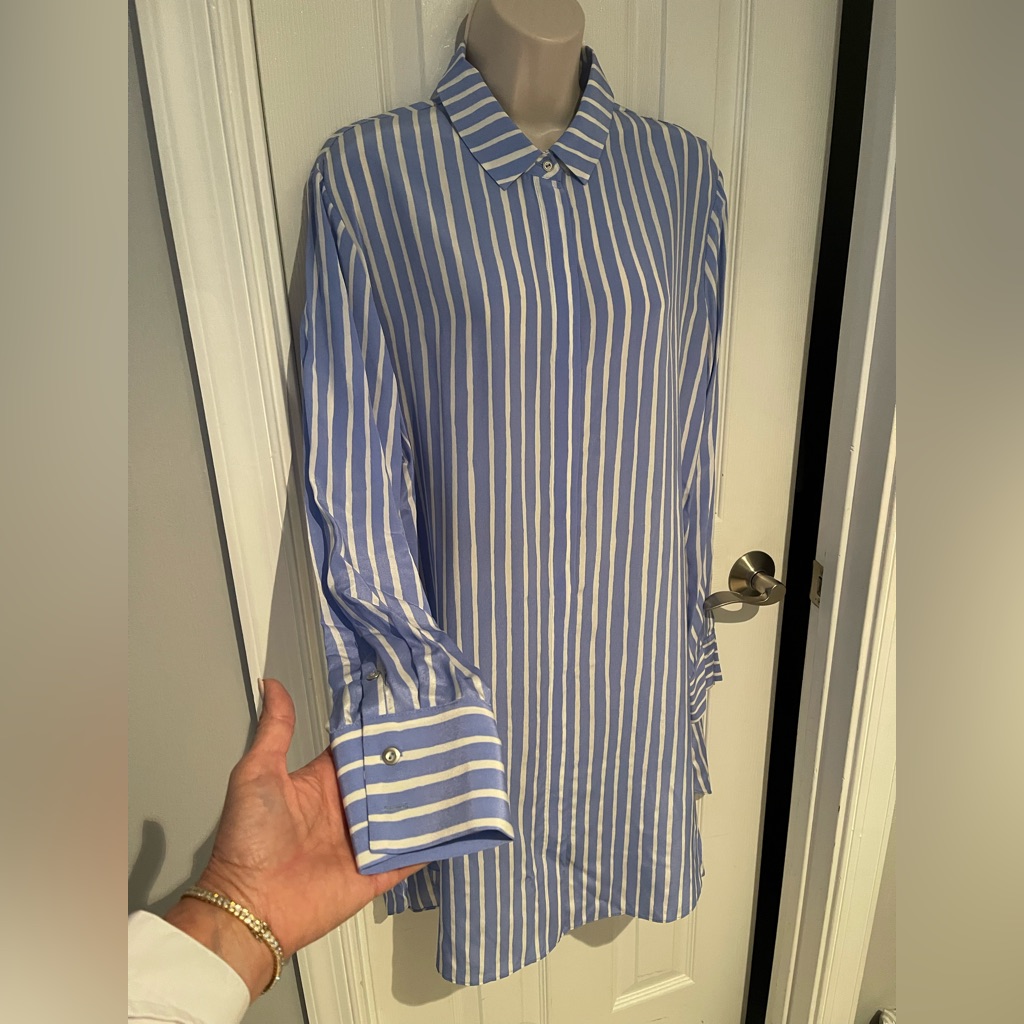 Marimekko Blue And White 100% Silk Women’s Shirt Dress In Size 42 New Nwot